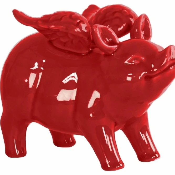 Ceramic Standing Winged Pig Figurine Gloss Finish-Red-Benzara