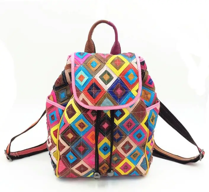 

2018 Genuine Leather Backpack Colorful Women Leather Backpack Vintage Patchwork Bags Black White Girl Bagpack Mochila Rucksack