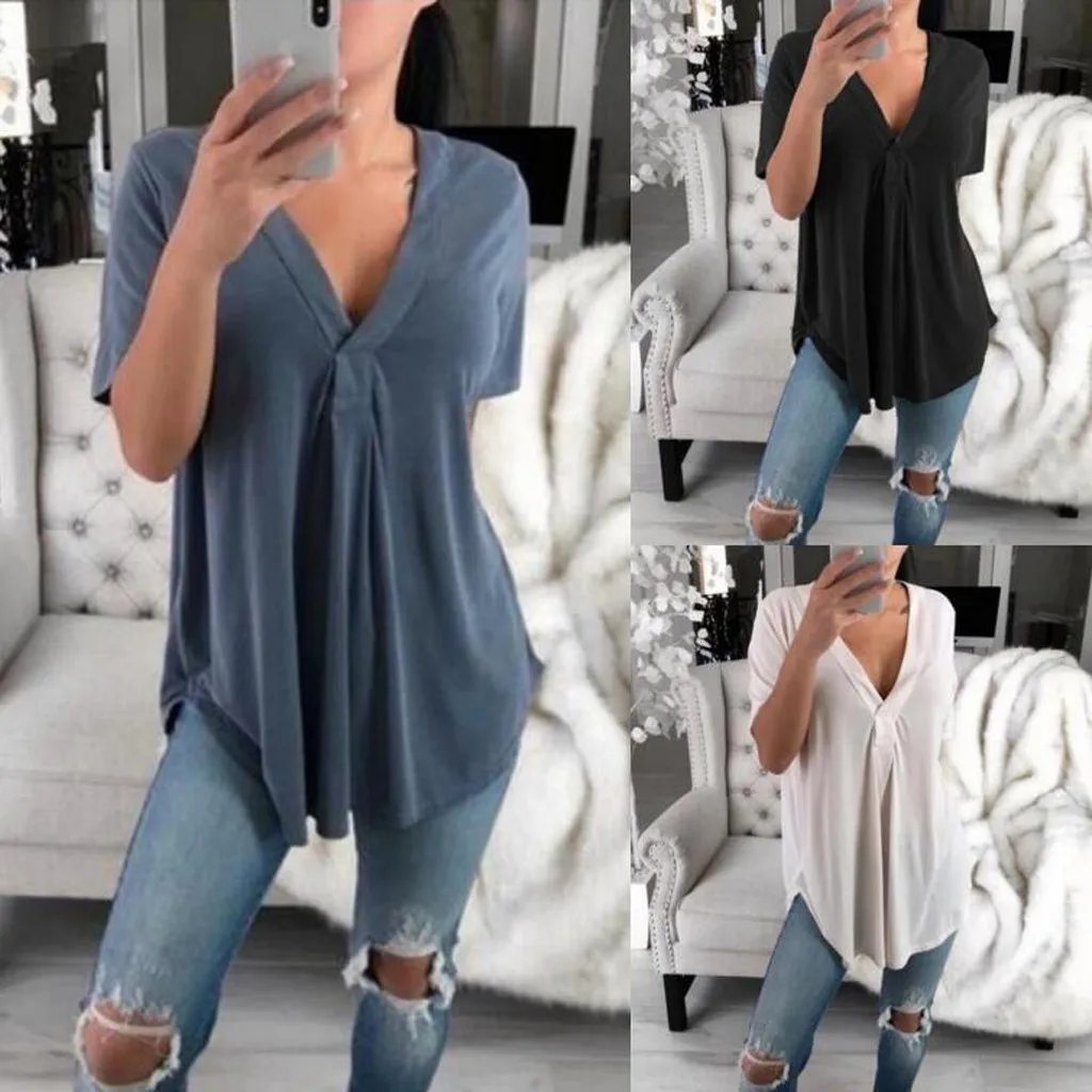 

Women Fashion Summer Short Sleeve Solid Casual Tank Tops Long section Round neck Slim Wild ropa mujer#15