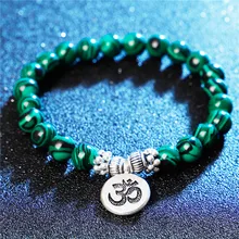 Модные богемные натуральные зелёные малахитовые камни 3D Ом, йога с Буддой, в форме лотоса шармы браслет для женщин ювелирные изделия