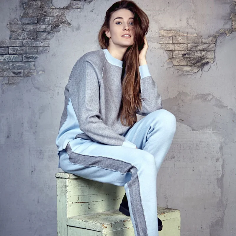 

2019 New Women suit and sets knitted patchwork pullovers and long pants for autumn winter high quality sweater customs sets