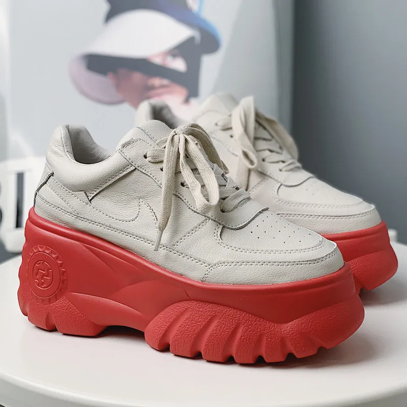 2019 Spring Women Pumps Beige Genuine Leather Girls High Heels Platform Sneaker Silver Laser Increased Casual Wedges Shoes Woman (7)