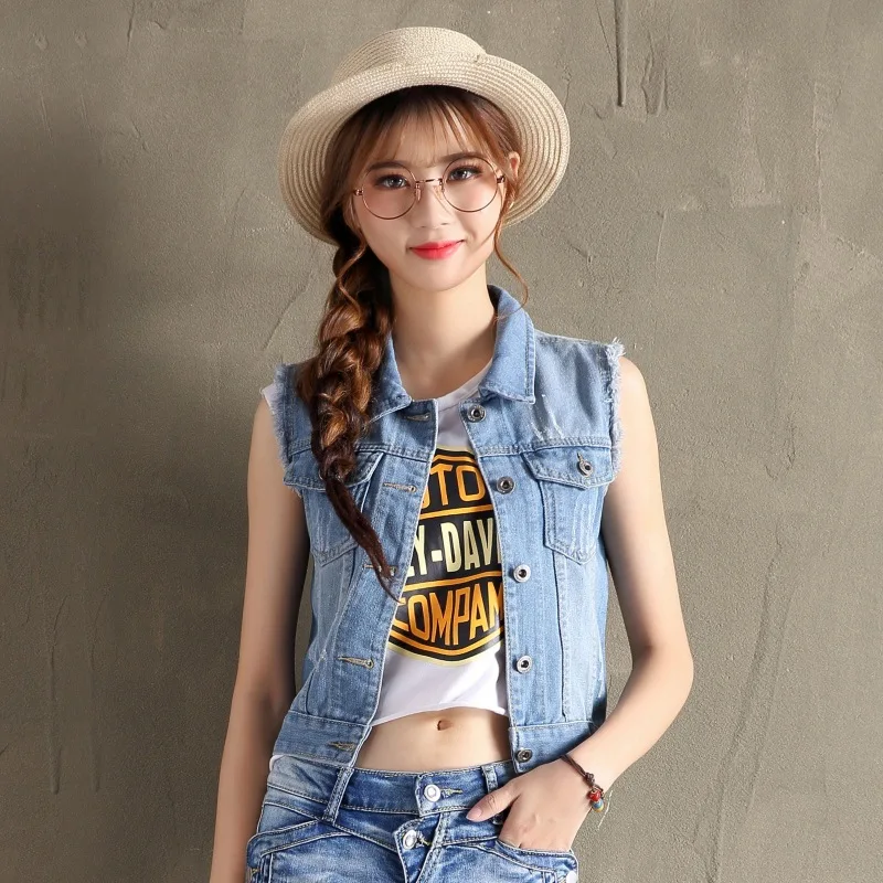 

Denim Vest Women Summer Waistcoat Hole Pockets Sleeveless Jeans Jacket jaquetas Plus Size Clothing