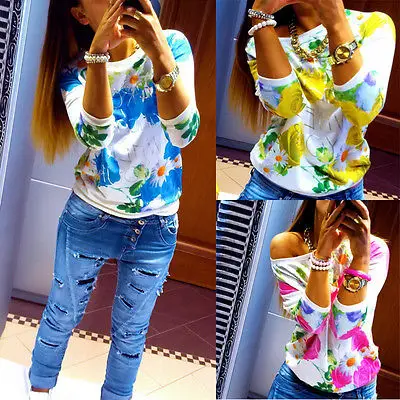 

2017 O-neck Fashion Women's Floral Print Pattern women flower blouse Casual Puff 3/4 Sleeve Tops Blause Flower Blouse Women