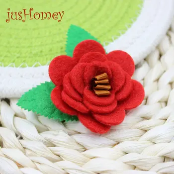 

30PCS red Wool Felt Rose Flowers with Green leaves 2.16" Handmade for DIY Headband, Hair Bow, Photo Frame, Wedding Decoration