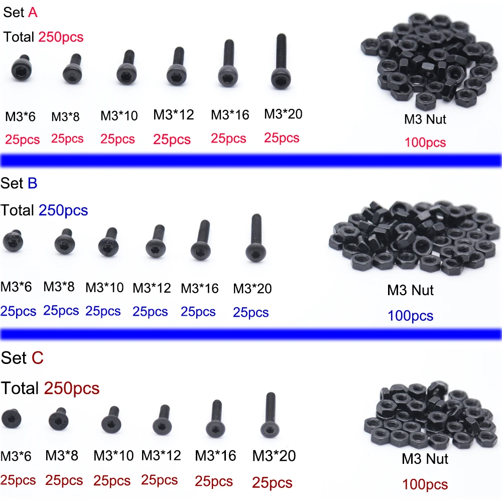 Button Head M3 Black Alloy Steel Hex Socket Screws Bolt with Hex Nuts Assortment 250pcs Screws Nuts