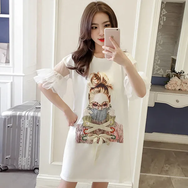 Женская длинная свободная футболка, корейская сетчатая футболка с принтом и рукавом-бабочкой, ажурная хлопковая футболка со шнуровкой, топы для лета - Цвет: Белый