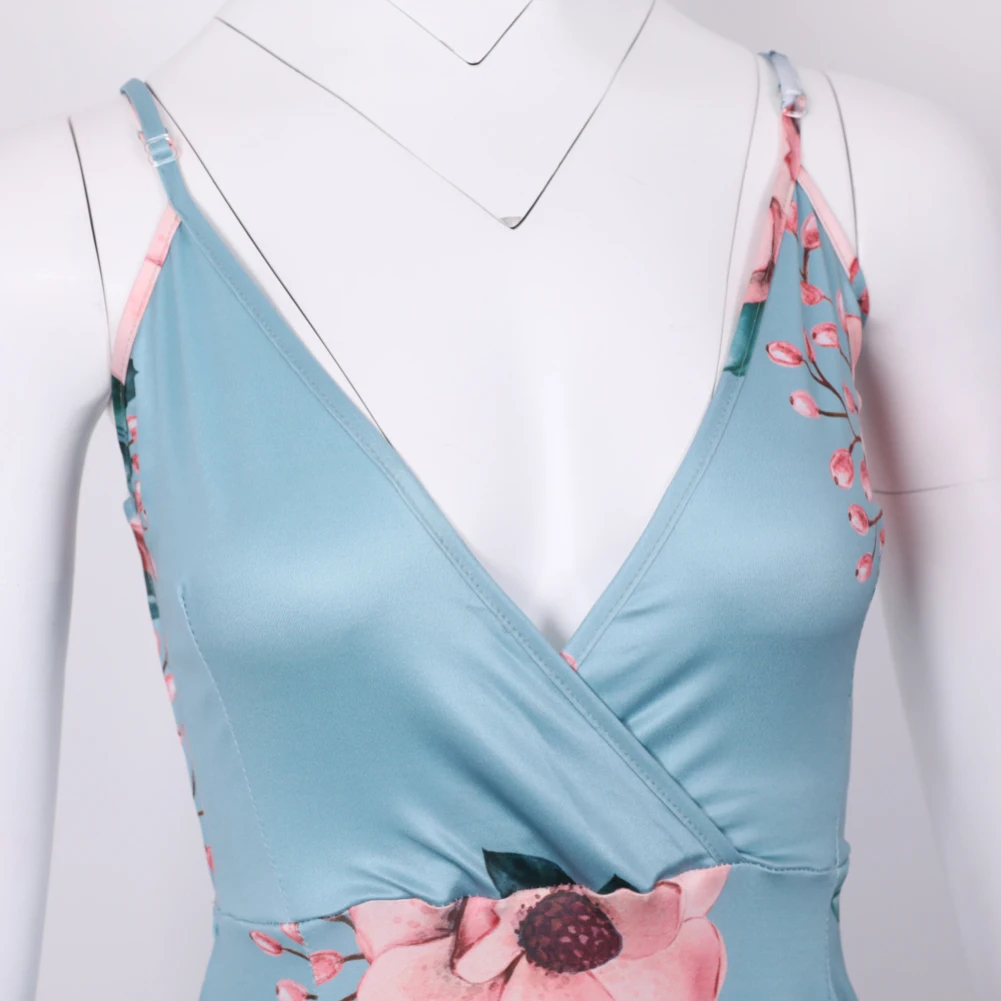 Новые сексуальные цветочные Листья печати V шеи Сплит женщин Спагетти ремень Bodycon макси платье