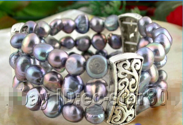 

p309 stretchy! 3row 9mm baroque FW black pearls bracelet @^Noble style Natural Fine jewe SHIPPING new >>free shipping