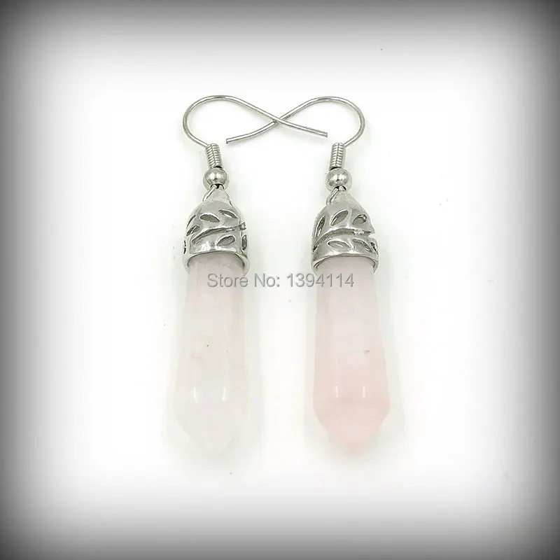 Pink Quartz Crystal Hexagonal Column Point Earrings Flower Casing Approx 30*8 mm