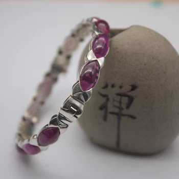 

Real S925 Silver Bangle Red Corundum Round Bead Unique Link Women's 54mm Open Bangle Gift Fashion Friend Hot Sale