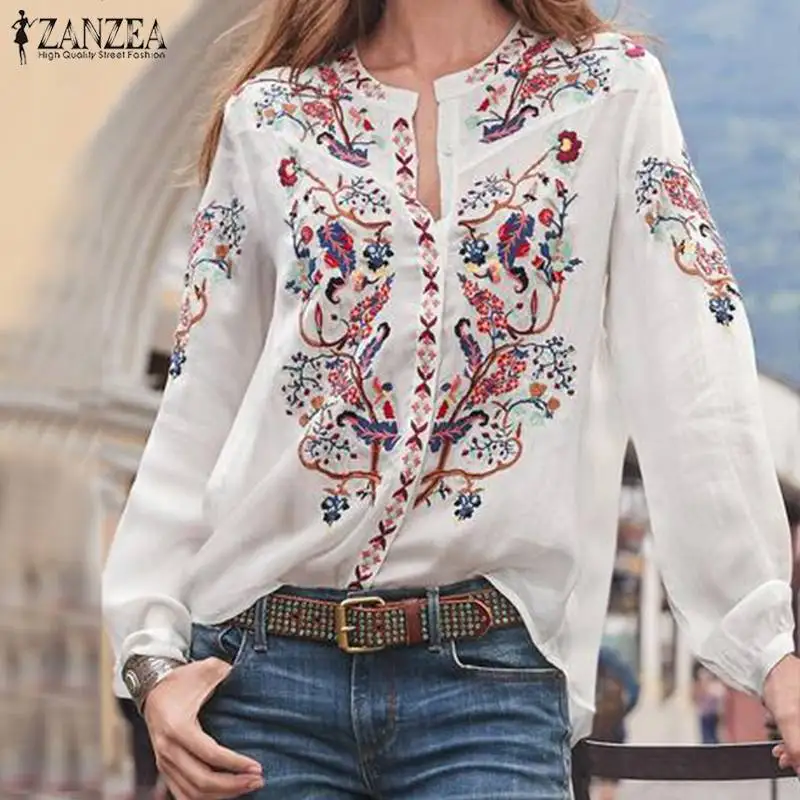  Plus Size Tunic Women's Printed Blouse Fashion Tops ZANZEA 2019 Bohemian Chemise V Neck Long Sleeve