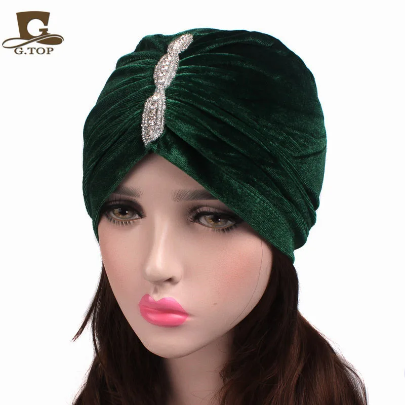 

NEW women luxury Diamante velvet beanie ruffle Turban Bonnet Hat Cap hijab