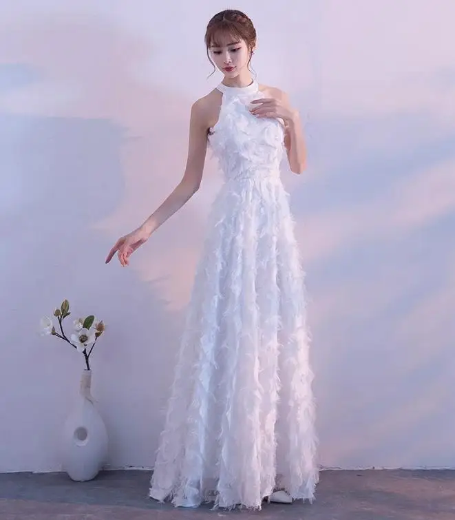 BANVASAC/, винтажные длинные элегантные вечерние платья без рукавов, с бретельками, с перьями - Цвет: Белый