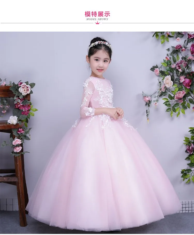 

2017 Fluffy Tulle Ball Gown girl Dresses Pink Appliques Flower Girl Dress For Wedding Kids Long Prom Evening Gowns 1-12T