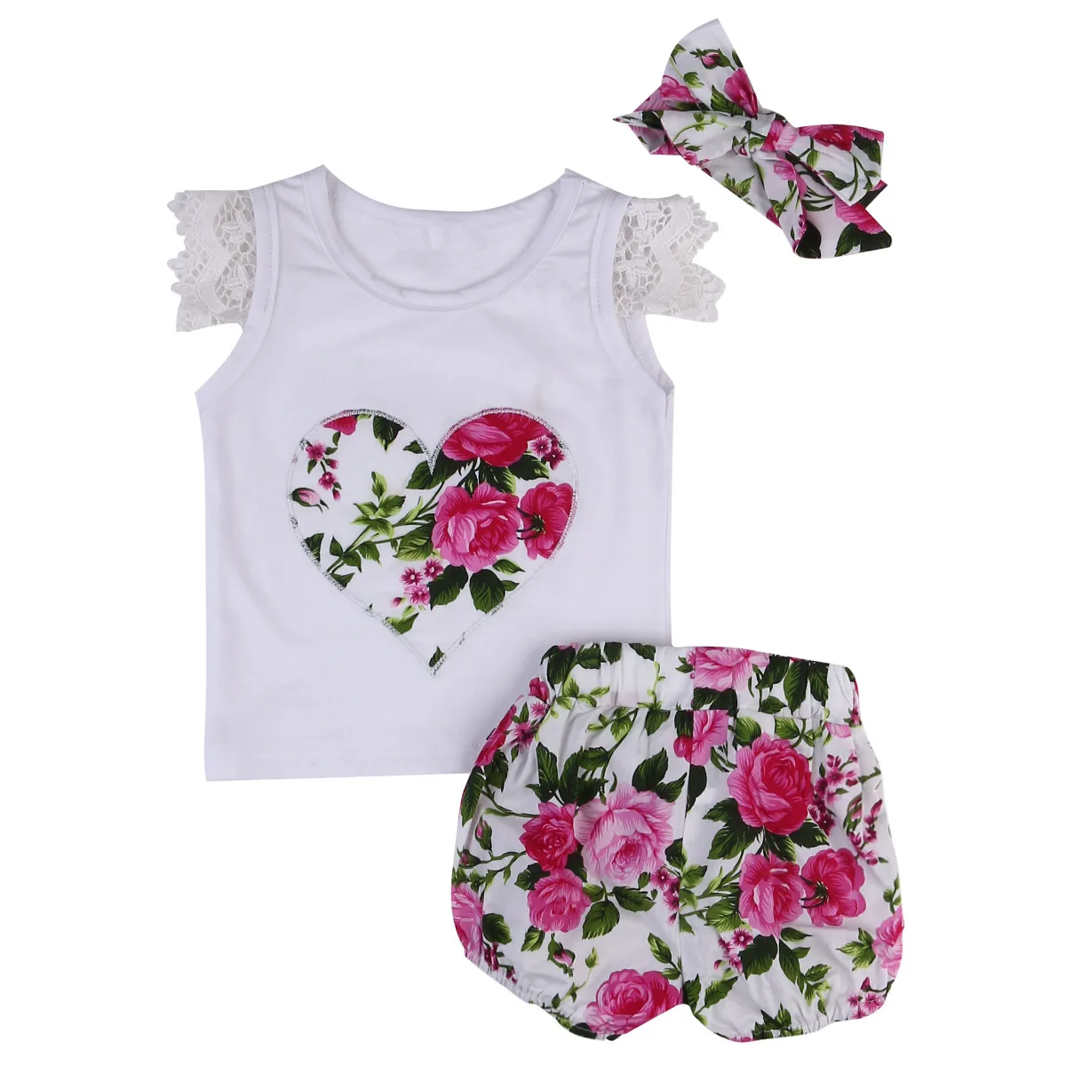Kids Baby Girl Clothes Lace Tops T-shirt+Floral Shorts Pants+Headband 3Pcs Cotton sets Kids Girls Cute Summer Outfits