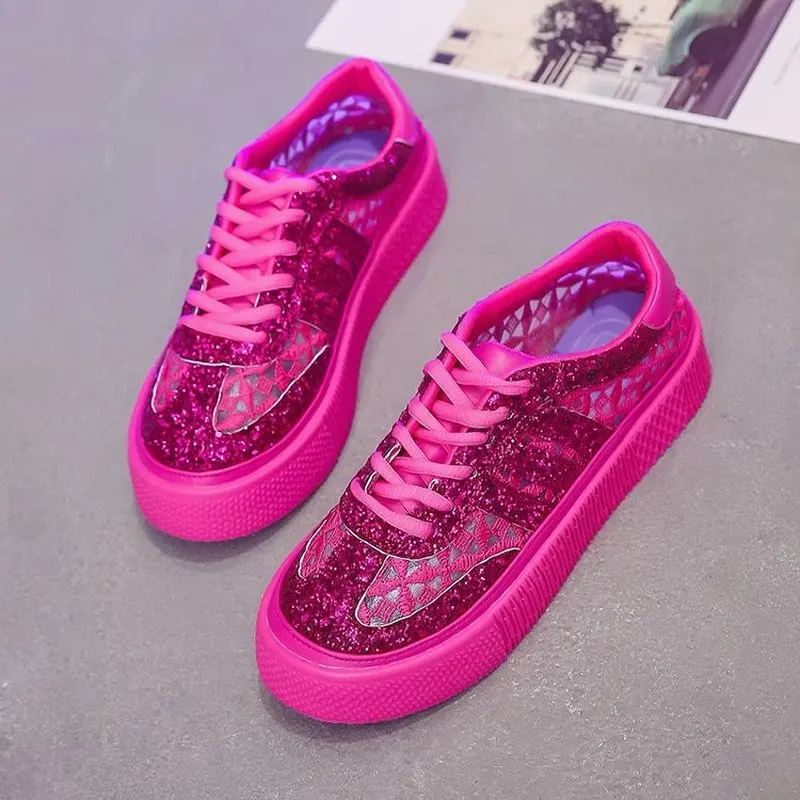 

Women Vulcanized Shoes bling sneaker red color breathable lace lady running shoes women designer sneakers