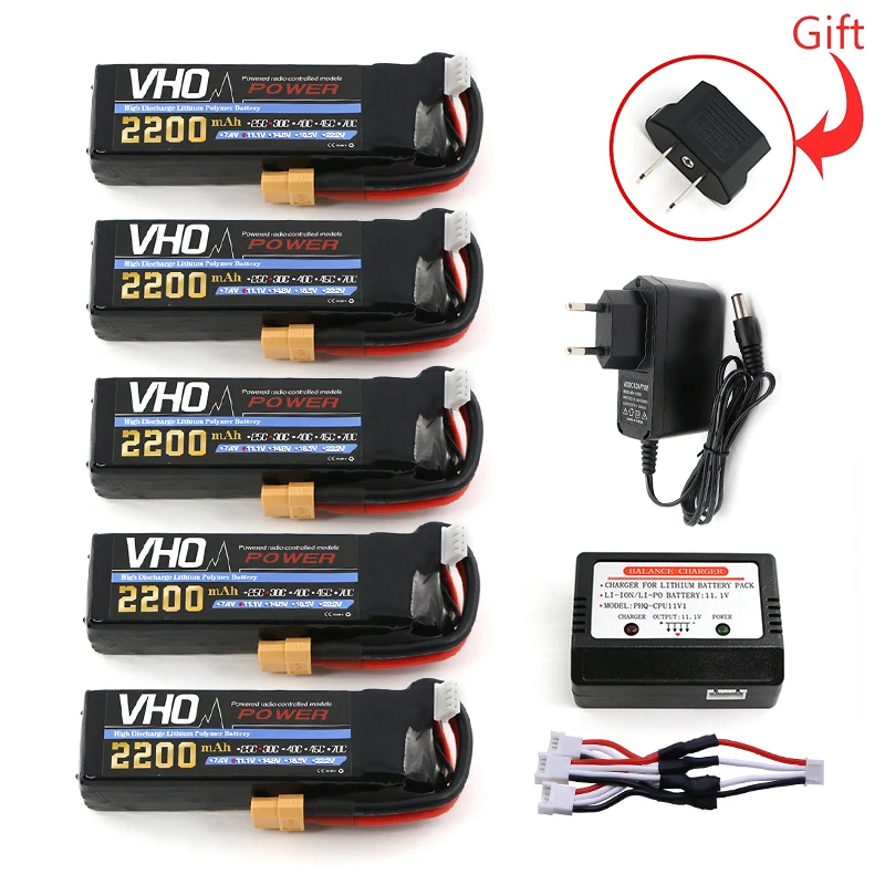

VHO 5pcs 11.1V 3S 2200mAh 30C LiPo Battery XT60/T/JST/TRX plug and EU charger Burst 60C High Rate RC model parts