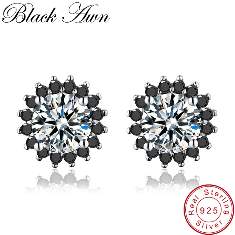 [BLACK AWN] Genuine 3.2g 925 Sterling Silver Fine Jewelry Flower Black