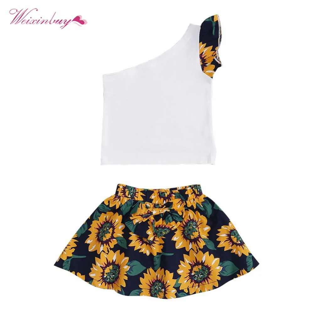 

Sweet Girls Sets Sunflower Print Shoulder Cotton Summer Vest + Shorts 2PCSA1