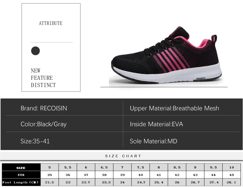  RECOISIN 2019 Autumn Sneakers Women Sport Shoes For Woman Lightweight Mesh Running Black Pink Walking Jogging Female Sneakers  (2)
