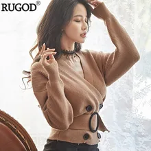 RUGOD модный вязаный кардиган с поясом для женщин, v-образный вырез, двубортный свитер с длинными рукавами, зима-осень, теплое короткое пальто, кардиган