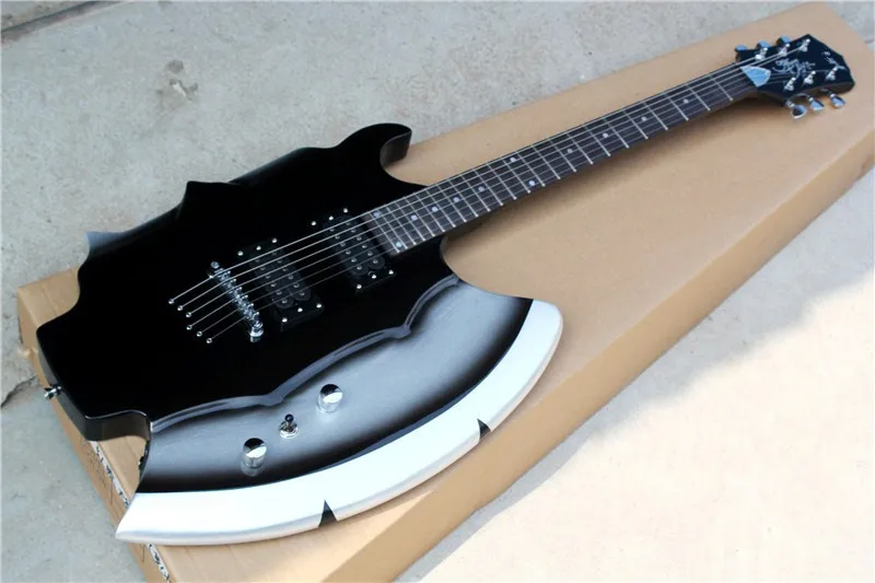 

Factory custom wholesale 24 frets black strinmg-thru-body axe electric guitar,HH pickups,chrome hardware,can be customized