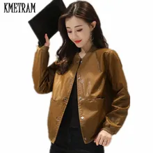 KMETRAM Демисезонный кожаная куртка Для женщин из мягкой искусственной кожи красные кожаные пальто короткие свободные Искусственная кожа куртка мотоцикла пиджаки HH919
