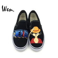 Wen Design Hand Painted Shoes Anime One Piece Monkey D. Luffy Slip On Canvas Shoes Custom Sports Sneakers Boys Girls Presents