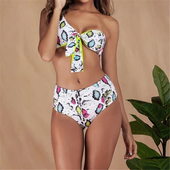 

Women Swimsuit Snakeskin Print High Waist Bikini Set Push Up Swimsuit One Shoulder Bathing Suit Beach Wear High Waist Swimwear