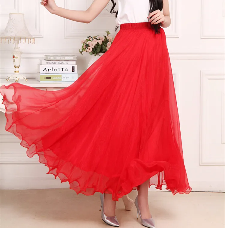 Высокая талия женская шифоновая юбка Длинная женская s пляжная летняя юбка макси в стиле бохо Saia Longa Faldas оборками Длинная юбка с подолом бренд - Цвет: Красный