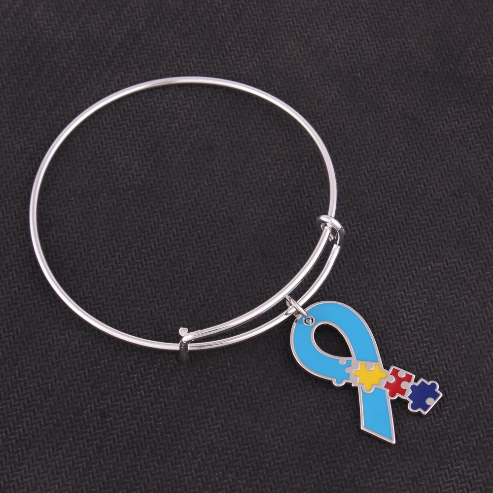 

New arrival Autism Awareness Pendants With Holes Crystal Puzzle Piece Jigsaw Hope Ribbon adjustable bangles for Jewelry