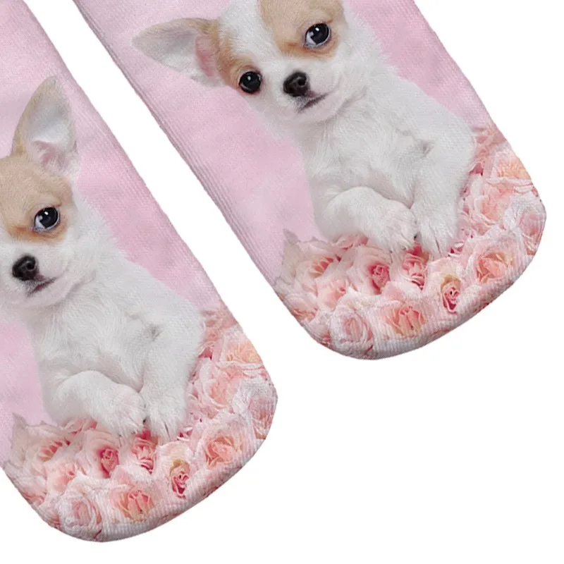 Новые 3D носки с принтом для женщин, полиэстер, розовый, чихуахуа, носки из хлопка, забавные, Harajuku, милые, Kawaii, короткие носки унисекс