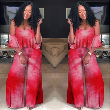 

2019 Summer Digital Print Flare Sleeve Deep V Strap Off Shoulder Ruffle Rainbow Casual Two Piece Outfits Women Sets Plus Size