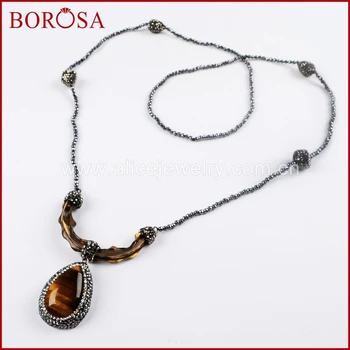 

BOROSA 3PCS New Drop Tiger Eye Pendant Necklaces,36Inch Long Black Beads Necklaces for Women Handmade Druzy Jewelry JAB909
