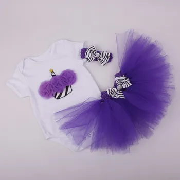 

3PCs per Set Baby Girls' Purple Cupcake Birthday Tutu Set Infant Romper Bubble Skirt Headband