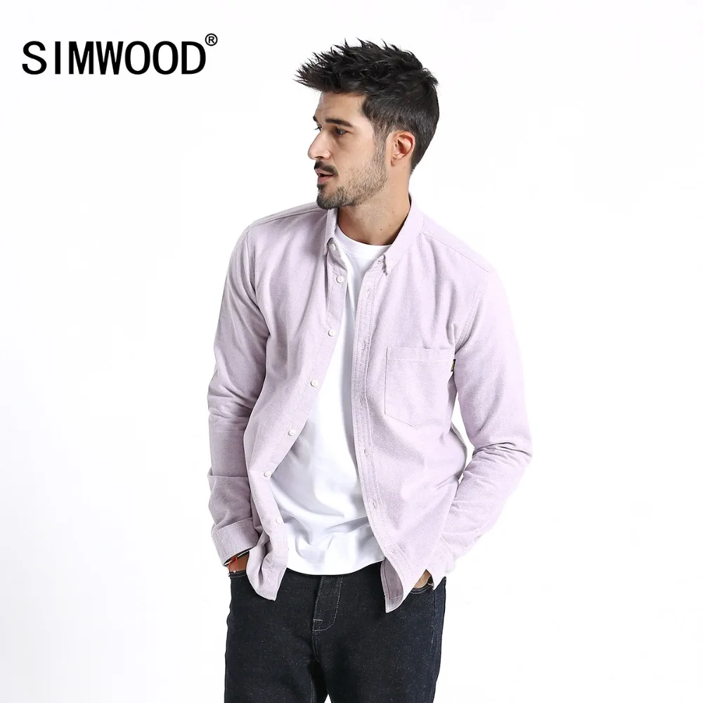 SIMWOOD Brand Men Shirts New 2019 Fashion Long Sleeve 100% Pure Cotton Blouse Slim Fit Plus Size Brushed Oxford Shirt  180569