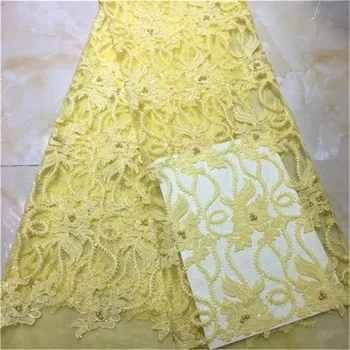 

Unique classic yellow French Lace cord embroidery African tulle lace fabric with small sequins Allover appliques beads