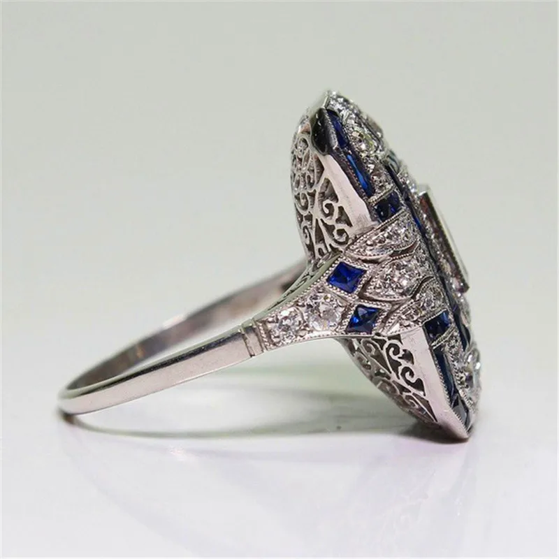Cute Female Big Blue Stone Ring Luxury Silver Color Wedding Band Rings For Women Fashion Large Engagement Ring Jewelry Gifts