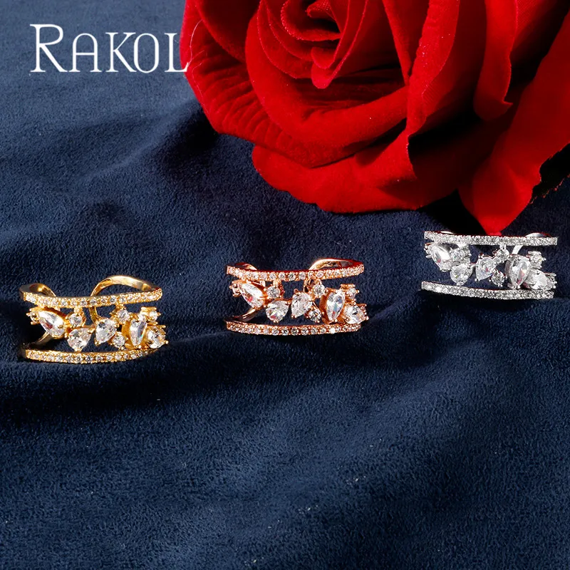 

RAKOL Plant Style Double-Layers Floral Cubic Zirconia Trendy Open Rings For Women White Color Adjustable Finger Jewelries