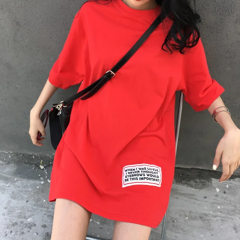 Женская длинная футболка с коротким рукавом Модный женский пуловер уличная одежда с круглым вырезом и аппликацией букв повседневные свободные футболки длинные футболки 8 - Цвет: Красный