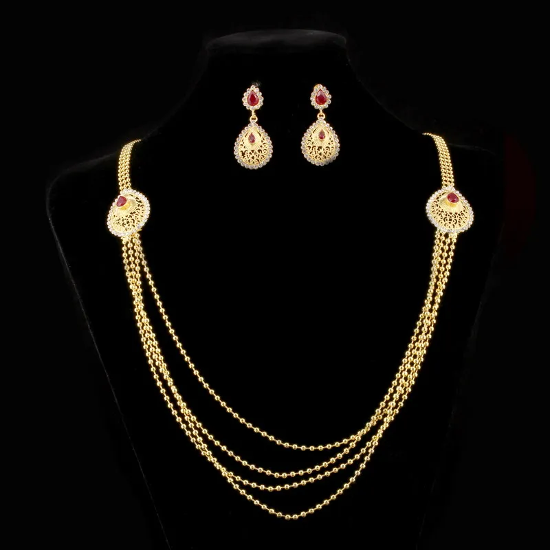 

Golden Red Crystal Indian Jewelry Sets for Wedding Multilayer Maxi Choker Statement Necklace Earrings Women Jewelry Sets