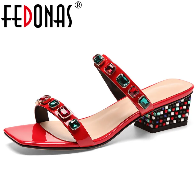 

FEDONAS Concise Thin Strap Women Sandals Fashion Sweet Crystal Decoration Cow Patent Leather High Heels Party Casual Shoes Woman