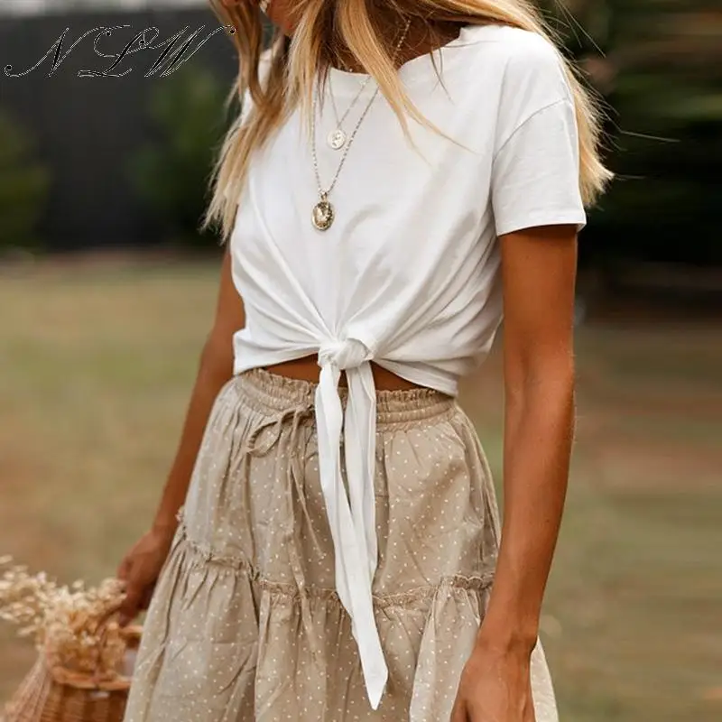 

Conmoto High Fashion Solid White Women T-shirt Basic Summer Casual T-shirts Girls Chic Bow O-neck Shirt