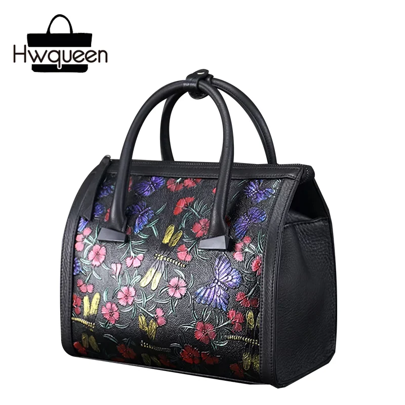 

Vintage Embossing Flower Designer Women's Top-handle Handbag Genuine Cow Leather Ladies Floral Totes Bag Cowhide Female Purse