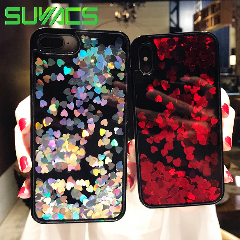 

SUYACS Liquid Glitter Quicksand Love Heart Foil Phone Case For iPhone XR XS Max 6 6S 7 8 Plus Soft TPU Bling Back Cover