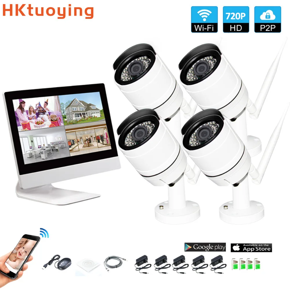 

Wireless Surveillance System Network 10.1 Inch LCD Monitor NVR Recorder Wifi Kit 4CH 720P HD Video Inputs Security Camera
