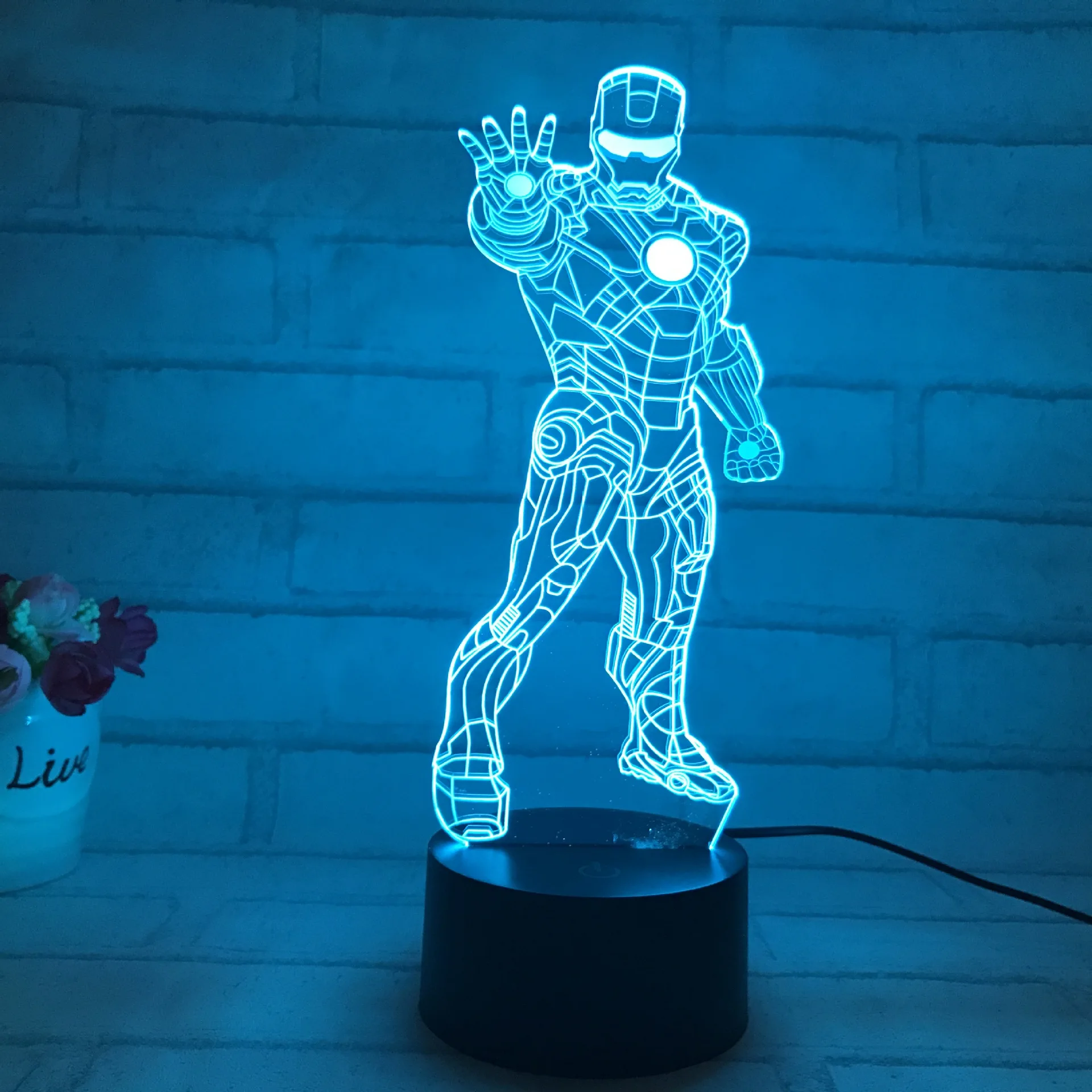 7 Color Stand Iron Man Holograma 3D Lights Luz De LED Lamp Acrylic Visual Light Round Touch Switch Illusion Lampka Night Lights