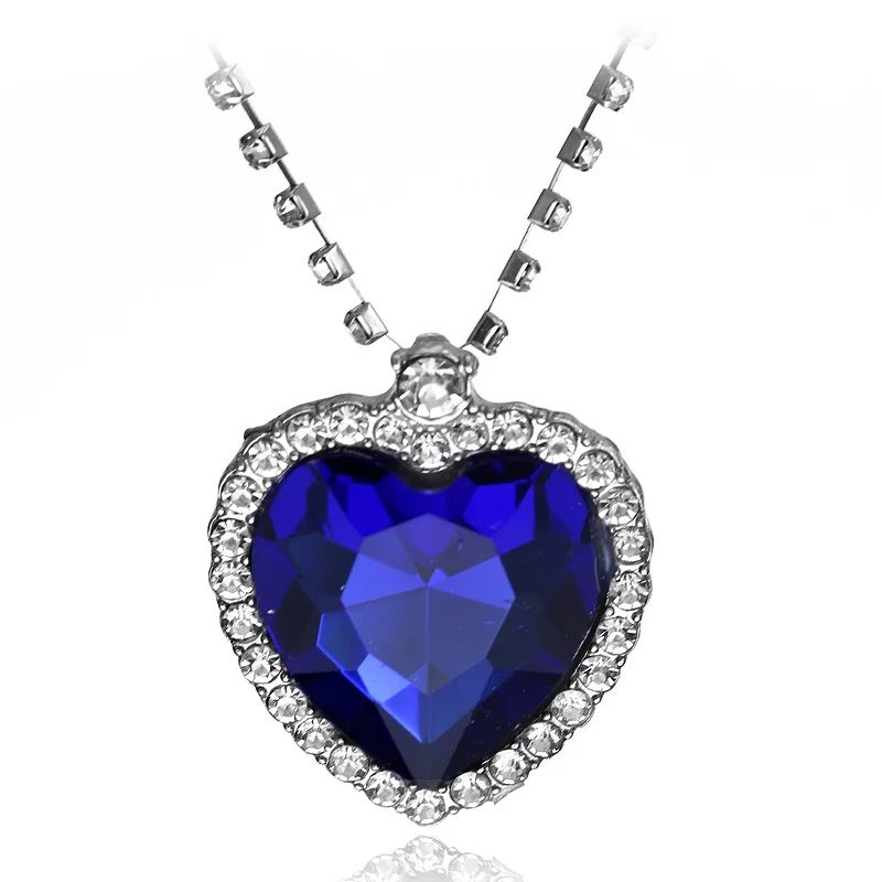 

Titanic Ocean Heart Pendant Necklaces For Women Blue Crystal Rhinestone Silver Plated Metal Choker Necklace Jewelry