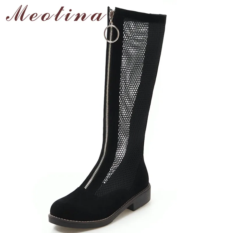 

Meotina Autumn Knee High Boots Women Mesh Zipper Flat Long Boots Sexy Cutout Round Toe Tall Shoes Female Spring Plus Size 34-43